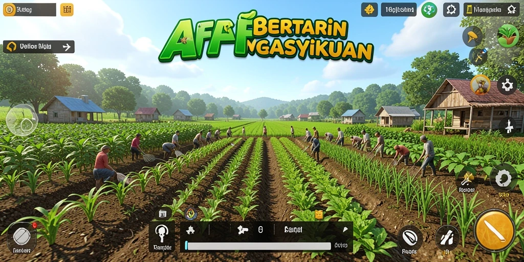 Tampilan permainan AFAF dengan kebun yang indah dan tanaman beragam.