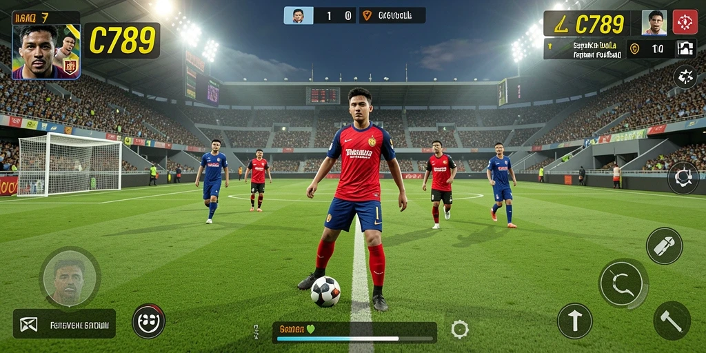 Screenshot permainan C789 menampilkan pertandingan sepak bola yang intens.