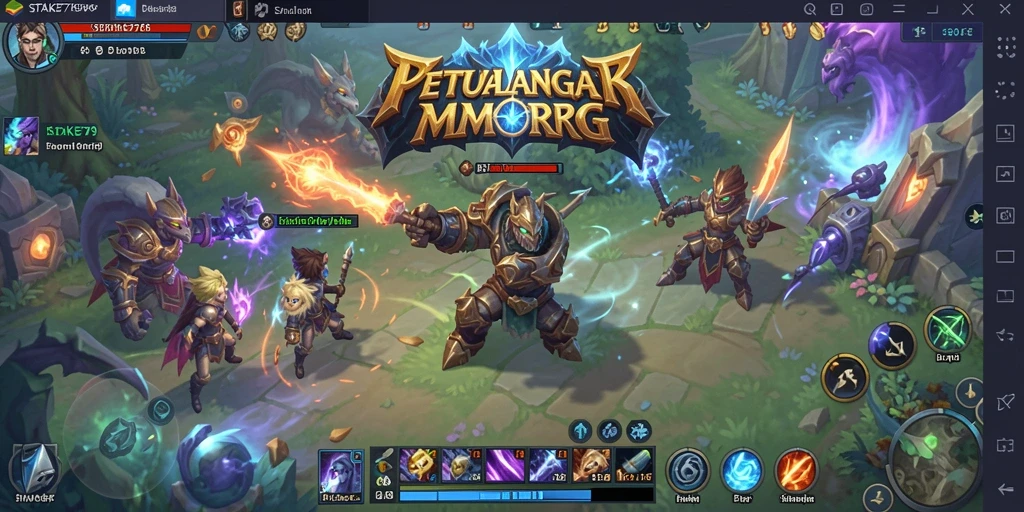 Screenshot STAKE779 menampilkan karakter dan pertempuran epik dalam MMORPG.